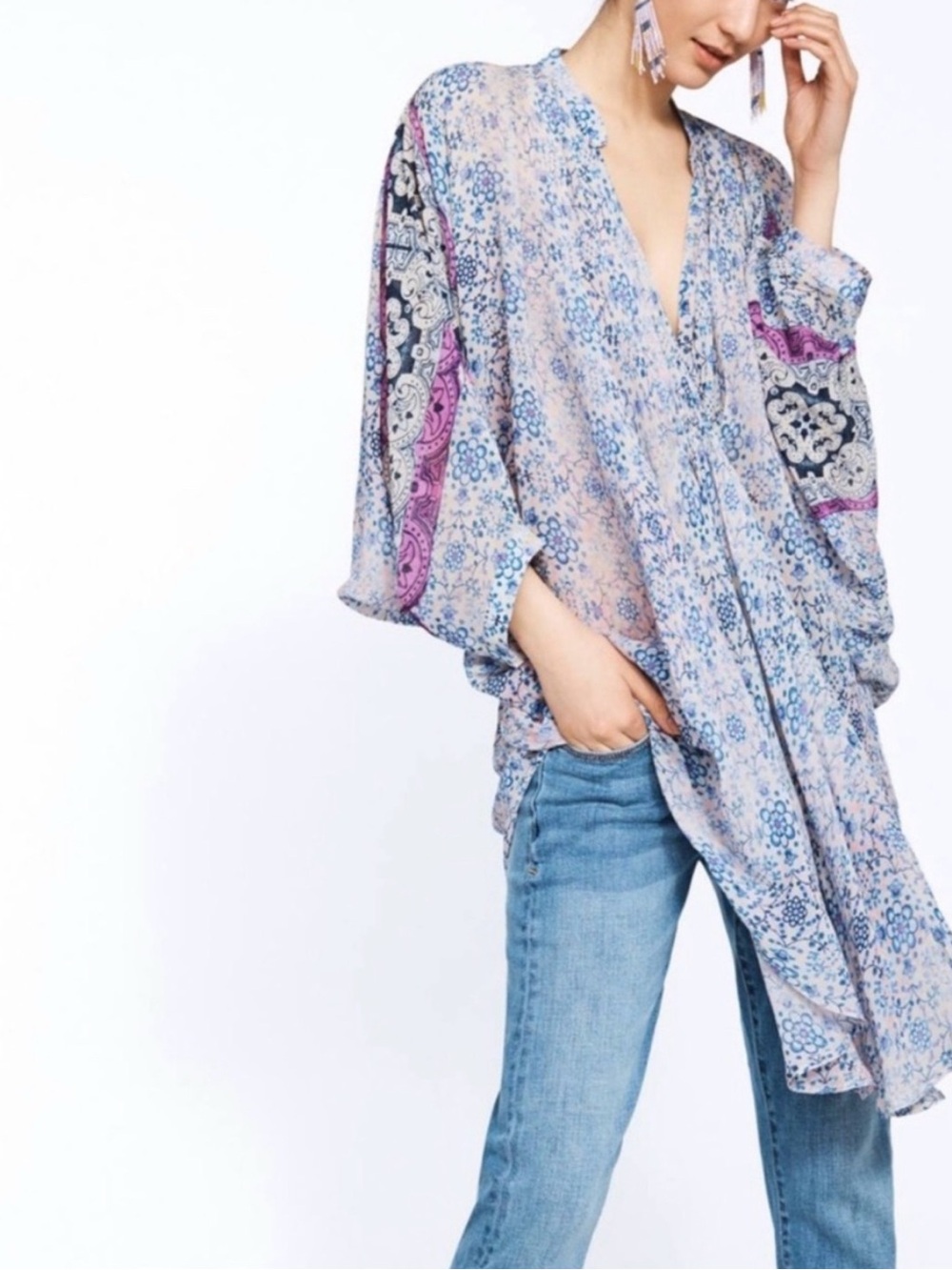 Anthropologie Floreat Boho Semi-Sheer Georgette Floral & Paisley Poncho Kimono